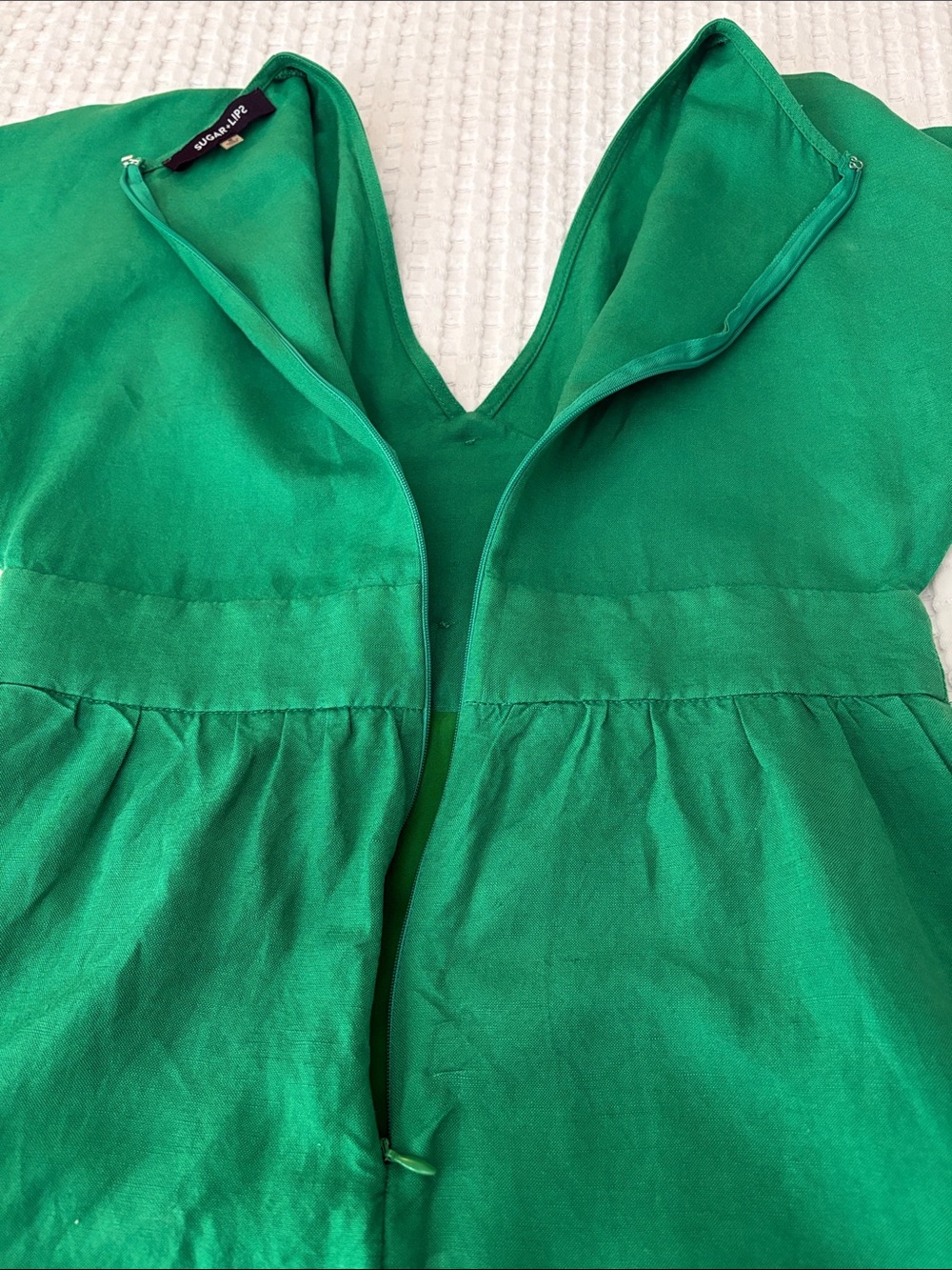 Sugarlips Kelly Green Linen Blend Preppy Office Button Front Babydoll Dress SZ M - Picture 7 of 7